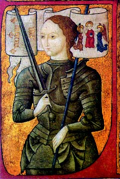 Миниатюра XV века — Жанна в доспехах. На заднем плане — ее личный штандарт.